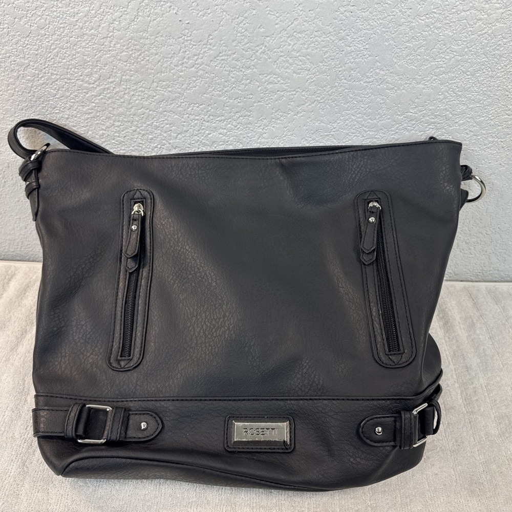 Rosetti Black Shoulder Bag Multi Pocket Faux Leather Organizer Purse Tote